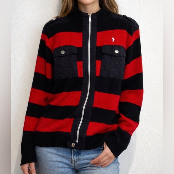 Polo Ralph Lauren Sweaters - Polo Ralph Lauren Striped Zip Sweater Jacket Red Black Military Womens 3XL
